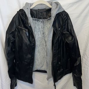 Fuzzy lined, grey hoodie lining, black faux leather jacket. Size L never worn